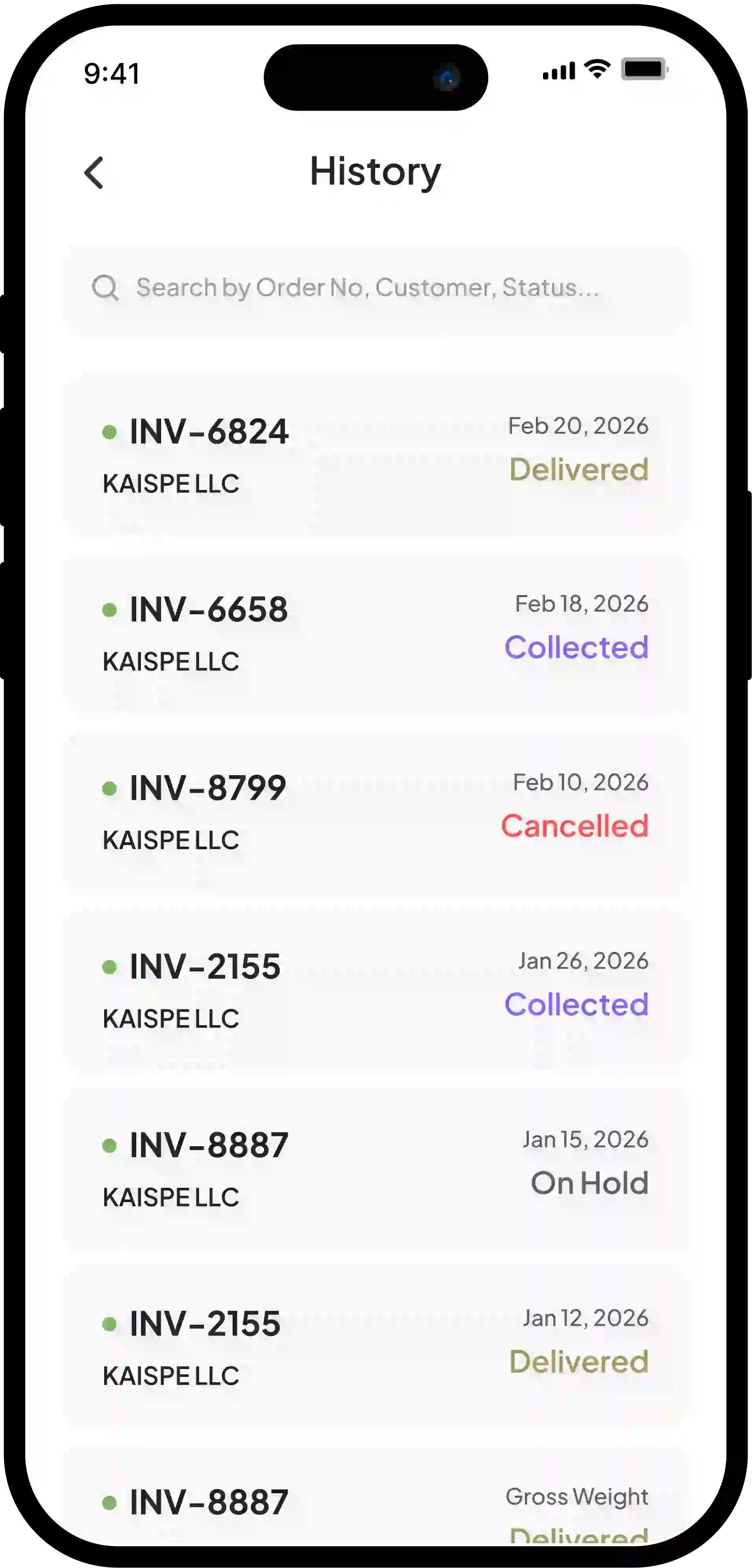 Delivery History Screen