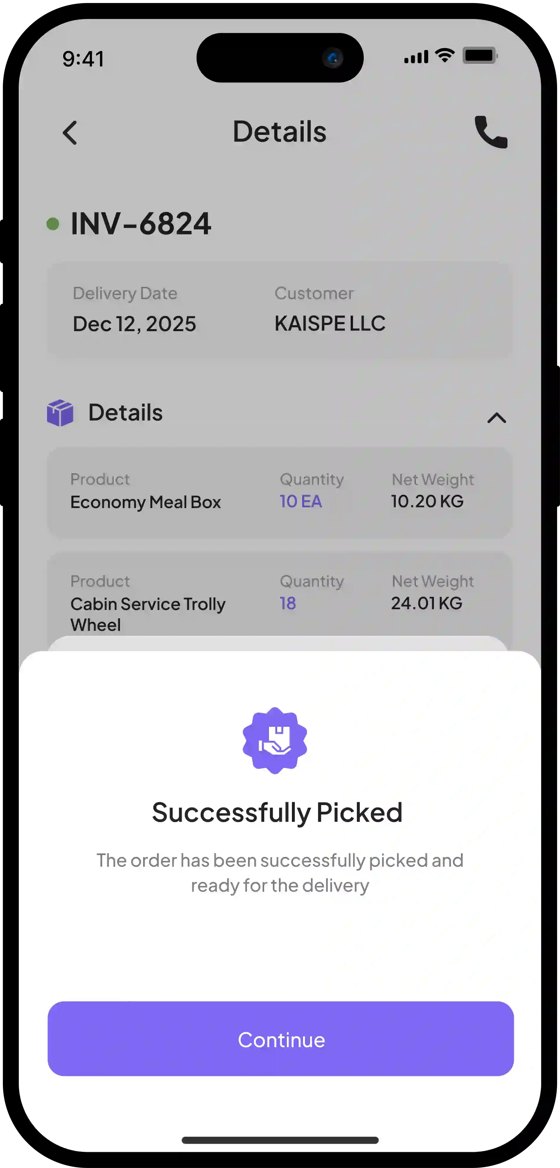 Order Details and Pick Action