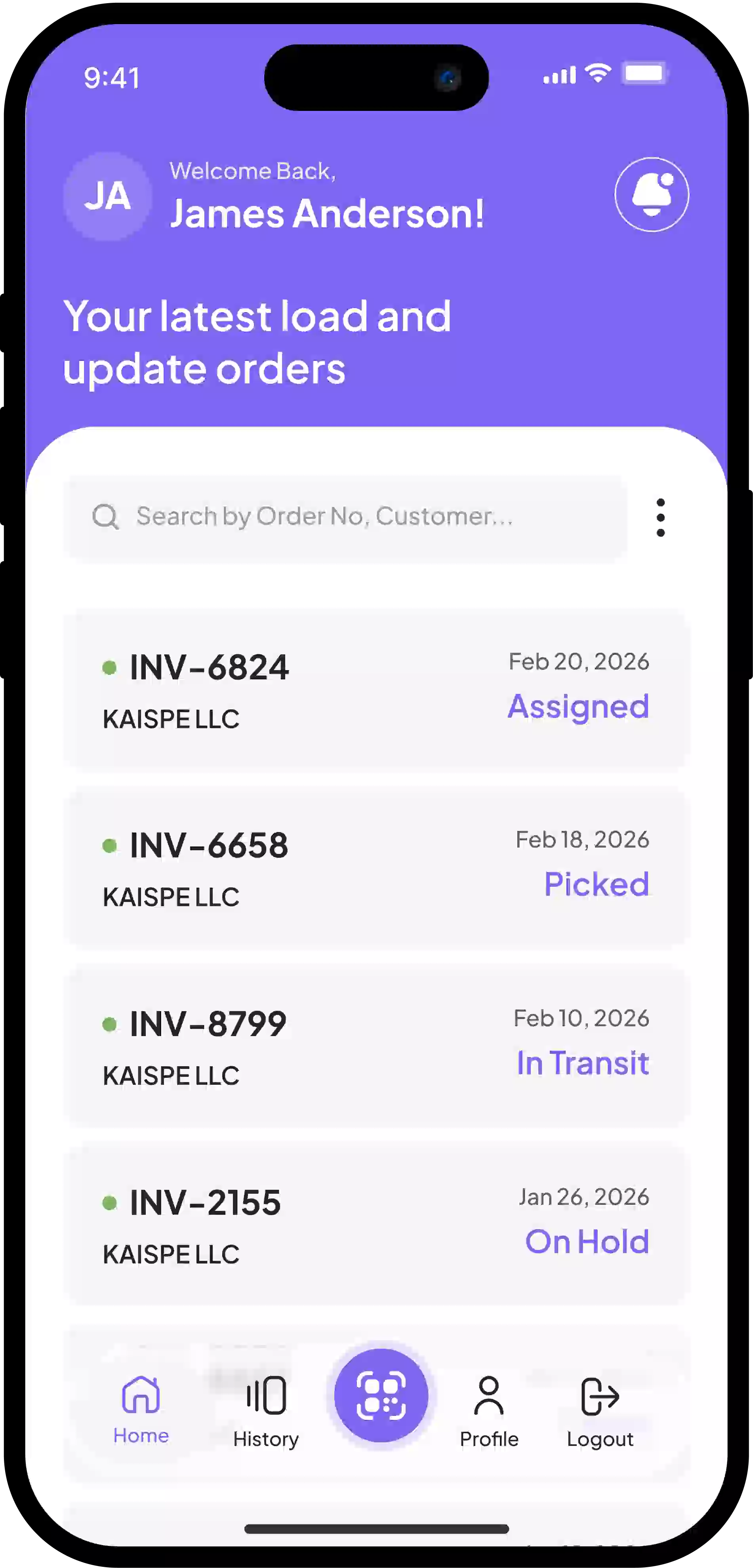 Home Screen with Assigned Orders